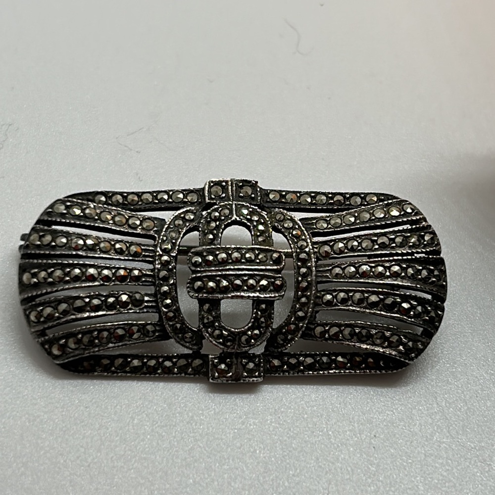 Art Deco Sterling Silver Marcasite Brooch Pin - Picture 3 of 8